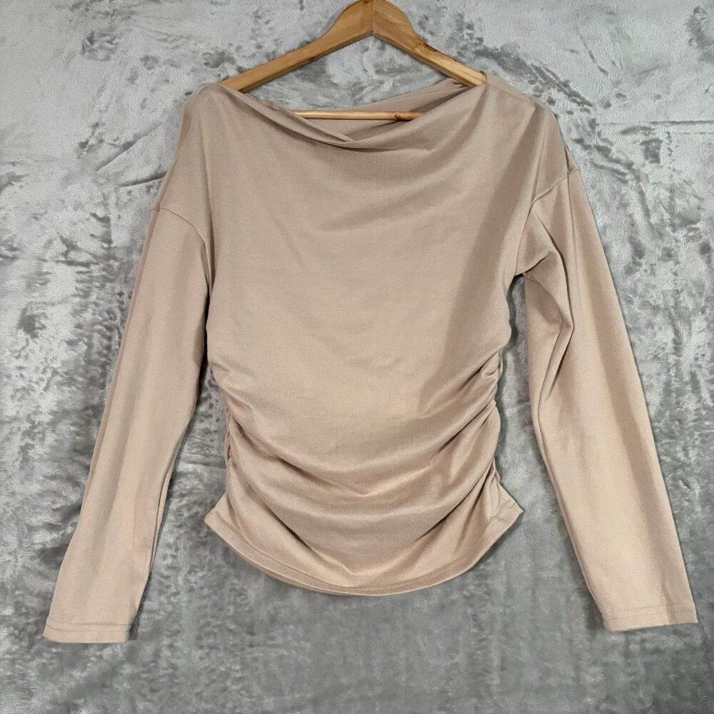 SHEIN Beige Draped Boat Neck Top Ruched Long Sleeve Size M 6 Quiet Luxury Chic